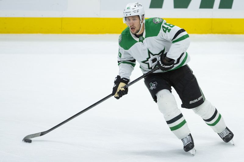 Nov 11, 2025; Ottawa, Ontario, CAN; Dallas Stars defenseman Ilya Lyubushkin (46) moves the puck in the third period against the Ottawa Senators at the Canadian Tire Centre. Mandatory Credit: Marc DesRosiers-IMAGN Images