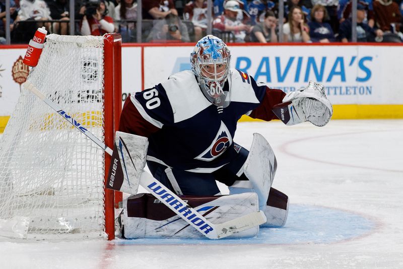 Apr 13, 2024; Denver, Colorado, USA; Colorado Avalanche goaltender Justus Annunen (60) in the third period against the Winnipeg Jets at Ball Arena. Mandatory Credit: Isaiah J. Downing-USA TODAY Sports