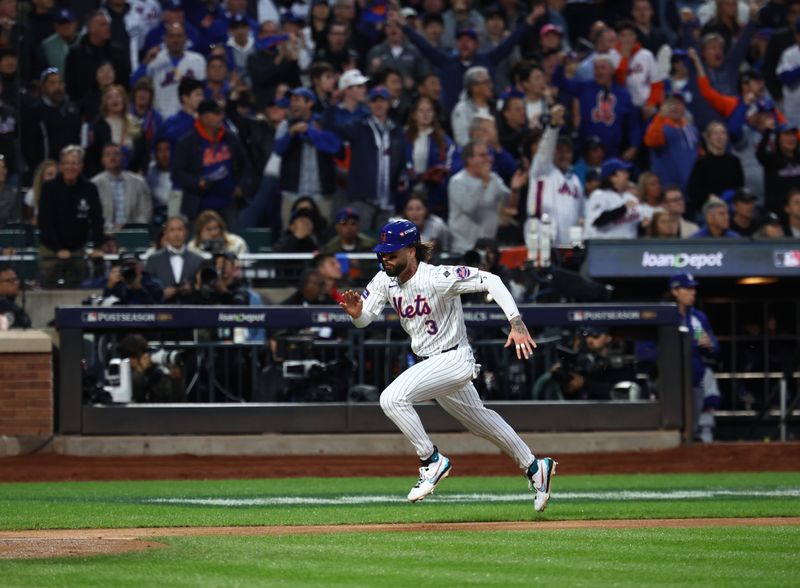 Oct 18, 2024; New York City, New York, USA; New York Mets designated hitter Jesse Winker (3) runs home following two run RBI double from New York Mets right fielder Starling Marte (6, not pictured) during the third inning against the Los Angeles Dodgers during game five of the NLCS for the 2024 MLB playoffs at Citi Field. Mandatory Credit: Vincent Carchietta-Imagn Images