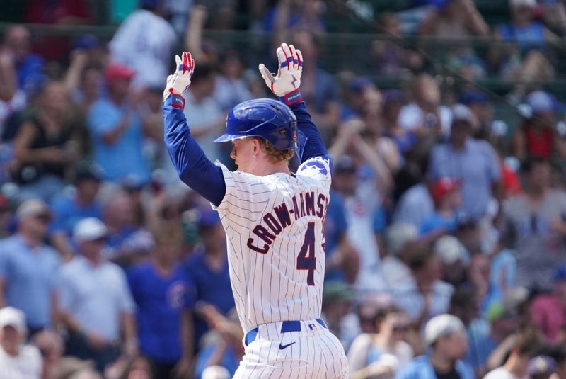 Jul 23, 2025; Chicago, Illinois, USA; Chicago Cubs outfielder Pete Crow-Armstrong (4) gestures after hitting a home run against the Kansas City Royals during the eighth inning at Wrigley Field. Mandatory Credit: David Banks-Imagn Images