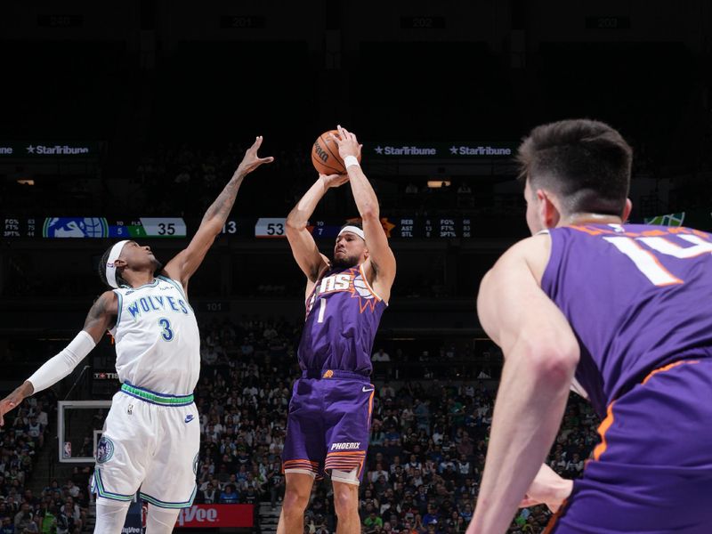 MINNEAPOLIS, MN -  APRIL 14: Devin Booker #1 of the Phoenix Suns shoots the ball during the game against the Minnesota Timberwolves on April 14, 2024 at Target Center in Minneapolis, Minnesota. NOTE TO USER: User expressly acknowledges and agrees that, by downloading and or using this Photograph, user is consenting to the terms and conditions of the Getty Images License Agreement. Mandatory Copyright Notice: Copyright 2024 NBAE (Photo by Jordan Johnson/NBAE via Getty Images)