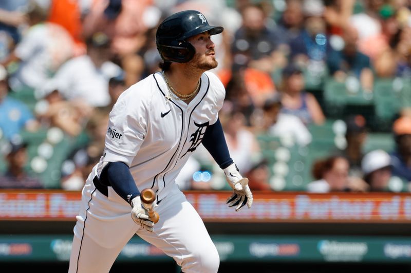 Aug 4, 2024; Detroit, Michigan, USA;  Detroit Tigers shortstop Zach McKinstry (39) hits a triple in the second inning against the Kansas City Royals at Comerica Park. Mandatory Credit: Rick Osentoski-USA TODAY Sports