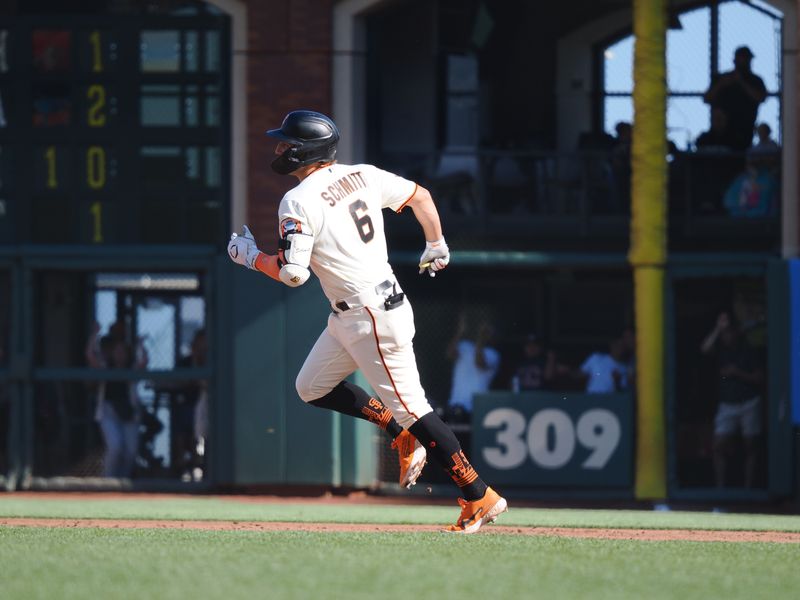 Aug 27, 2023; San Francisco, California, USA; San Francisco Giants third baseman Casey Schmitt (6) rounds the bases on a solo home run against the Atlanta Braves during the second inning at Oracle Park. Mandatory Credit: Kelley L Cox-USA TODAY Sports