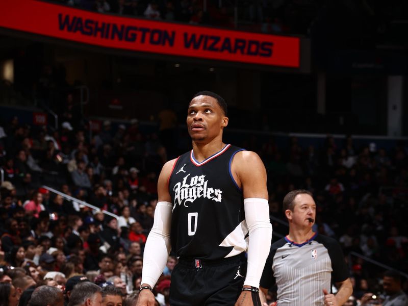 WASHINGTON, DC -? JANUARY 31: Russell Westbrook #0 of the LA Clippers looks on during the game against the Washington Wizards on Janurary 31, 2024 at Capital One Arena in Washington, DC. NOTE TO USER: User expressly acknowledges and agrees that, by downloading and or using this Photograph, user is consenting to the terms and conditions of the Getty Images License Agreement. Mandatory Copyright Notice: Copyright 2024 NBAE (Photo by Kenny Giarla/NBAE via Getty Images)