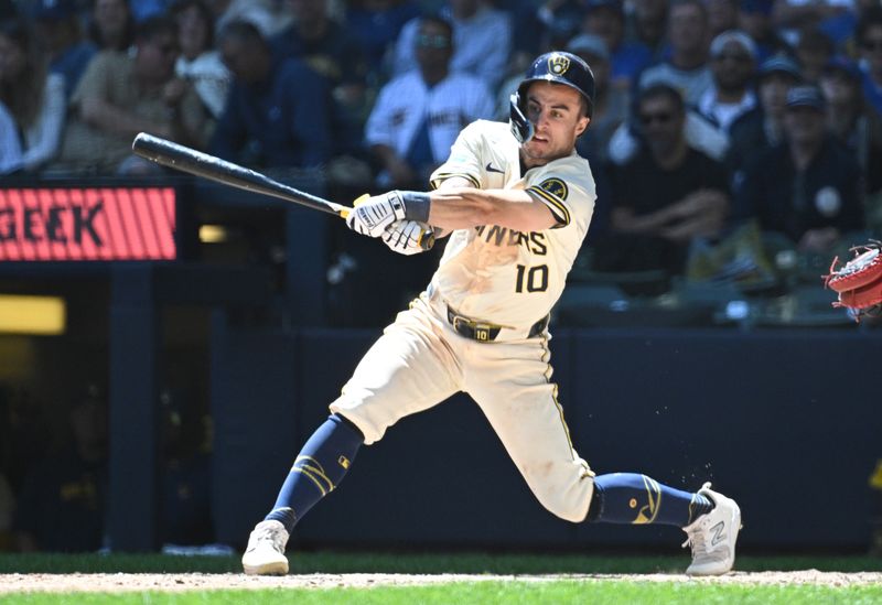 May 30, 2024; Milwaukee, Wisconsin, USA; Milwaukee Brewers outfielder Sal Frelick (10) strikes out swinging against the Chicago Cubs in the seventh inning at American Family Field. Mandatory Credit: Michael McLoone-USA TODAY Sports