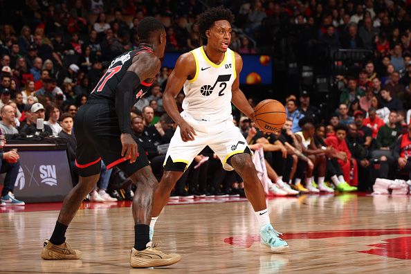 TORONTO, CANADA - DECEMBER 23:  Colin Sexton #2 of the Utah Jazz handles the ball during the game against the Toronto Raptors on December 23, 2023 at the Scotiabank Arena in Toronto, Ontario, Canada.  NOTE TO USER: User expressly acknowledges and agrees that, by downloading and or using this Photograph, user is consenting to the terms and conditions of the Getty Images License Agreement.  Mandatory Copyright Notice: Copyright 2023 NBAE (Photo by Vaughn Ridley/NBAE via Getty Images)