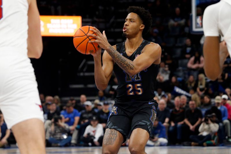 Jan 26, 2023; Memphis, Tennessee, USA; Memphis Tigers guard Jayden Hardaway (25) shoots for three during the first half against the Southern Methodist Mustangs at FedExForum. Mandatory Credit: Petre Thomas-USA TODAY Sports