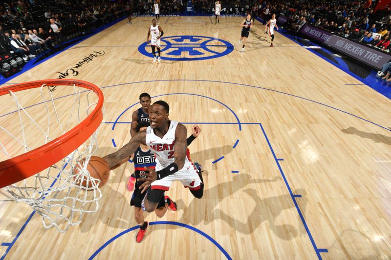 DETROIT, MI - MARCH 15: Terry Rozier #2 of the Miami Heat drives to the basket during the game against the Detroit Pistons on March 15, 2024 at Little Caesars Arena in Detroit, Michigan. NOTE TO USER: User expressly acknowledges and agrees that, by downloading and/or using this photograph, User is consenting to the terms and conditions of the Getty Images License Agreement. Mandatory Copyright Notice: Copyright 2024 NBAE (Photo by Chris Schwegler/NBAE via Getty Images)