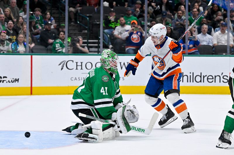 Feb 26, 2024; Dallas, Texas, USA; New York Islanders center Casey Cizikas (53) celebrates after Dallas Stars goaltender Scott Wedgewood (41) allows a goal to Islanders defenseman Ryan Pulock (not pictured) during the first period at the American Airlines Center. Mandatory Credit: Jerome Miron-USA TODAY Sports