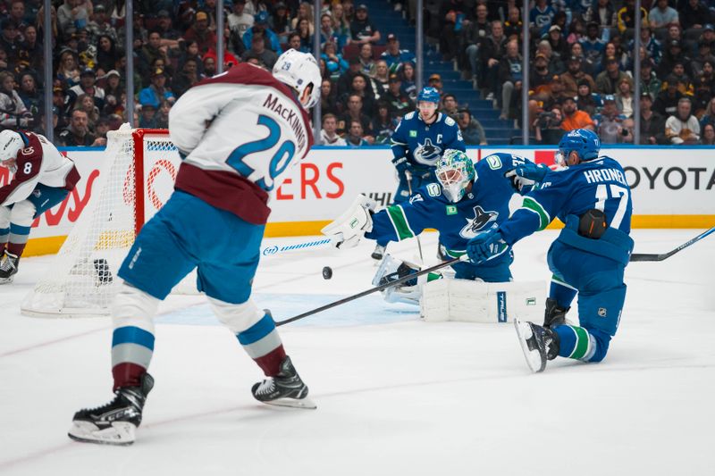 Nov 9, 2025; Vancouver, British Columbia, CAN; Colorado Avalanche forward Nathan MacKinnon (29) scores his first goal of the game on Vancouver Canucks goalie Kevin Lankinen (32) in the first period at Rogers Arena. Mandatory Credit: Bob Frid-Imagn Images