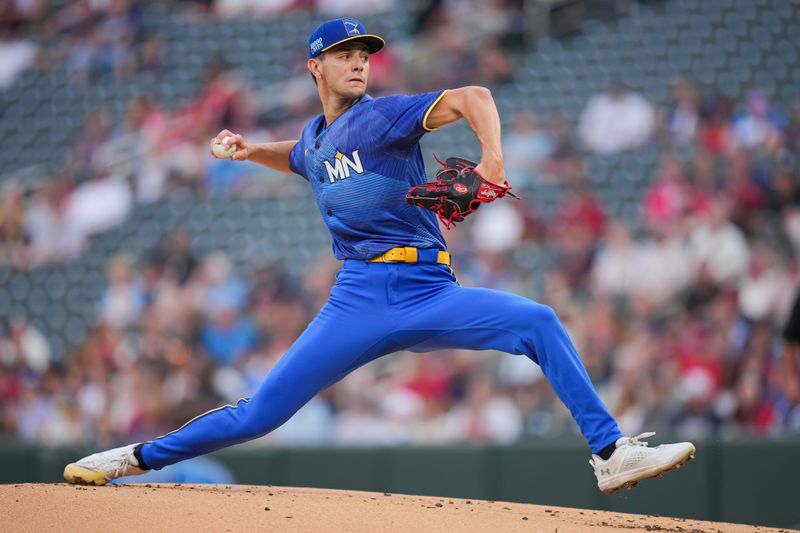 Aug 23, 2024; Minneapolis, Minnesota, USA; Minnesota Twins pitcher David Festa (58) pitches against the St. Louis Cardinals in the first inning at Target Field. Mandatory Credit: Brad Rempel-USA TODAY Sports