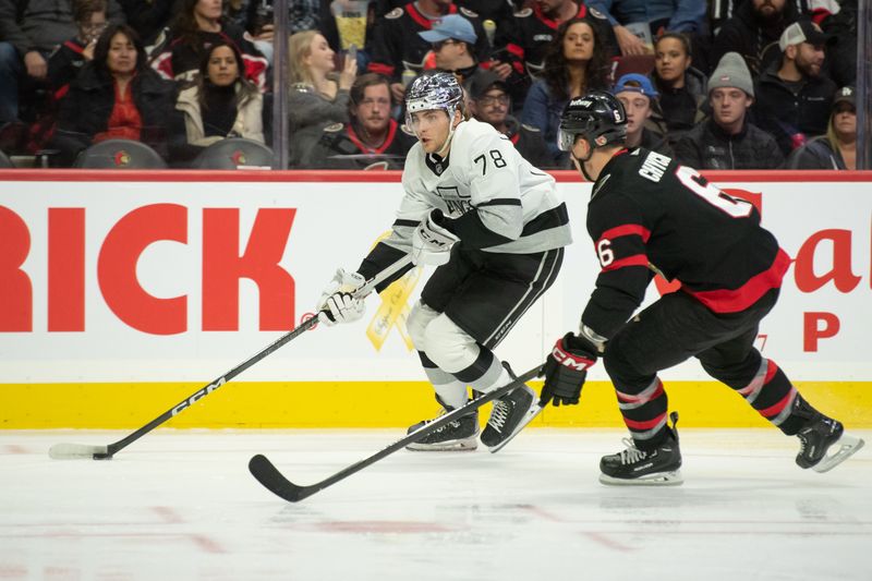 Nov 2, 2023; Ottawa, Ontario, CAN; Los Angeles Kings right wing Alex Laferriere (78) skates with the puck past Ottawa Senators defenseman Jakob Chychrun (6) in the second period at the Canadian Tire Centre. Mandatory Credit: Marc DesRosiers-USA TODAY Sports