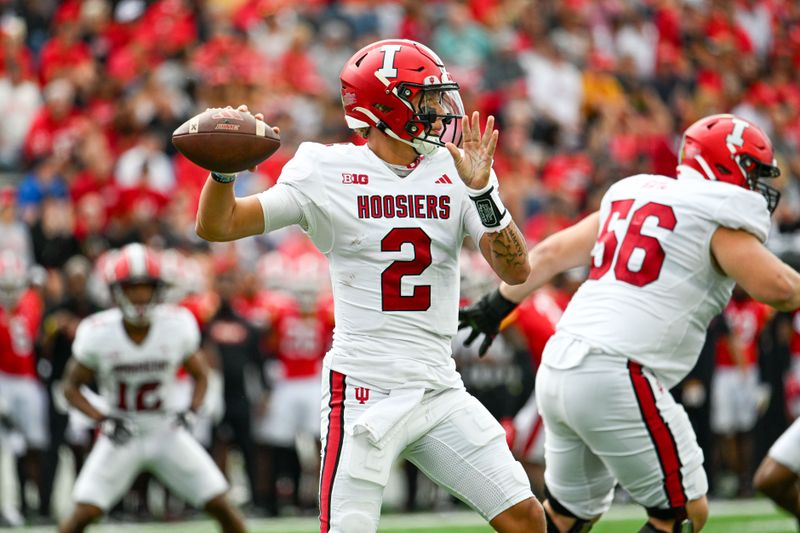 Sep 30, 2023; College Park, Maryland, USA; Indiana Hoosiers quarterback Tayven Jackson (2) throws from the pocket during the first half against the Maryland Terrapins  at SECU Stadium. Mandatory Credit: Tommy Gilligan-USA TODAY Sports