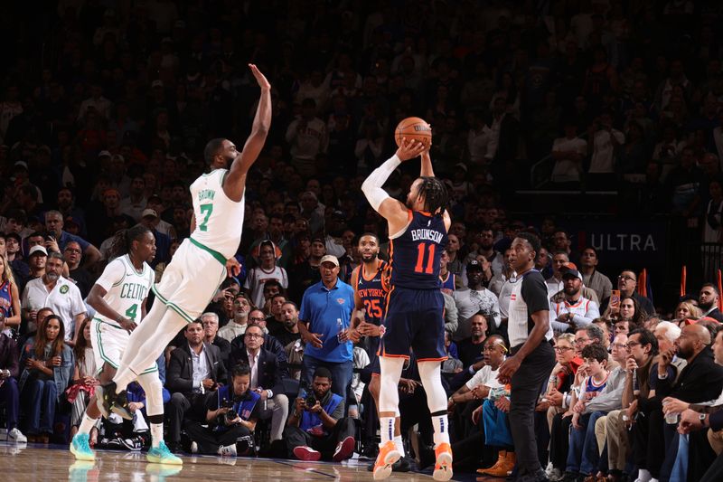 NEW YORK, NY - MAY 12: Jalen Brunson #11 of the New York Knicks shoots a three point basket during the game against the Boston Celtics during Round 2 Game 4 of the 2025 NBA Playoffs on May 12, 2025 at Madison Square Garden in New York City, New York.  NOTE TO USER: User expressly acknowledges and agrees that, by downloading and or using this photograph, User is consenting to the terms and conditions of the Getty Images License Agreement. Mandatory Copyright Notice: Copyright 2025 NBAE  (Photo by Nathaniel S. Butler/NBAE via Getty Images)