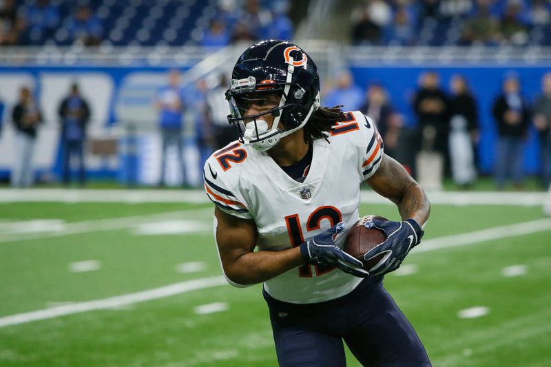 Chicago Bears wide receiver Velus Jones Jr. catches during pregame of an NFL football game against the Detroit Lions, Sunday, Jan. 1, 2023, in Detroit. (AP Photo/Duane Burleson)