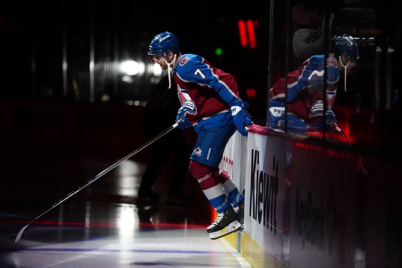 Feb 20, 2024; Denver, Colorado, USA;  Colorado Avalanche defenseman Devon Toews (7) takes the ice before the game against the Vancouver Canucks at Ball Arena. Mandatory Credit: Ron Chenoy-USA TODAY Sports