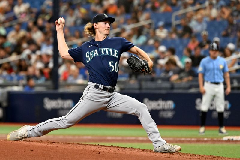 Sep 10, 2023; St. Petersburg, Florida, USA; Seattle Mariners pitcher Bryce Miller (50) throws a pitch in the second inning against the Tampa Bay Rays  at Tropicana Field. Mandatory Credit: Jonathan Dyer-USA TODAY Sports