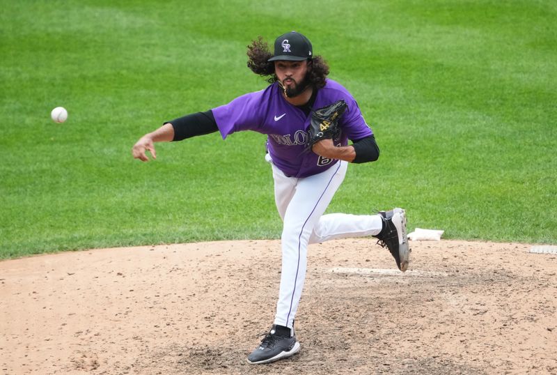 Jul 30, 2023; Denver, Colorado, USA; Colorado Rockies relief pitcher Justin Lawrence (61) pitches in the ninth inning against the Oakland Athletics at Coors Field. Mandatory Credit: Ron Chenoy-USA TODAY Sports