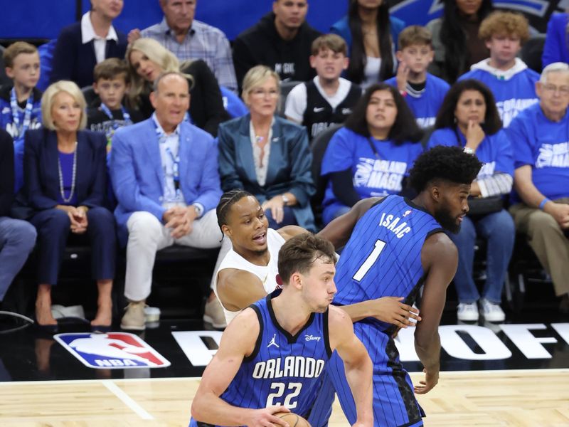 ORLANDO, FL - APRIL 27: Franz Wagner #22 of the Orlando Magic handles the ball during the game against the Cleveland Cavaliers during Round 1 Game 4 of the 2024 NBA Playoffs on April 27, 2024 at the Kia Center in Orlando, Florida. NOTE TO USER: User expressly acknowledges and agrees that, by downloading and or using this photograph, User is consenting to the terms and conditions of the Getty Images License Agreement. Mandatory Copyright Notice: Copyright 2024 NBAE (Photo by David Sherman/NBAE via Getty Images)