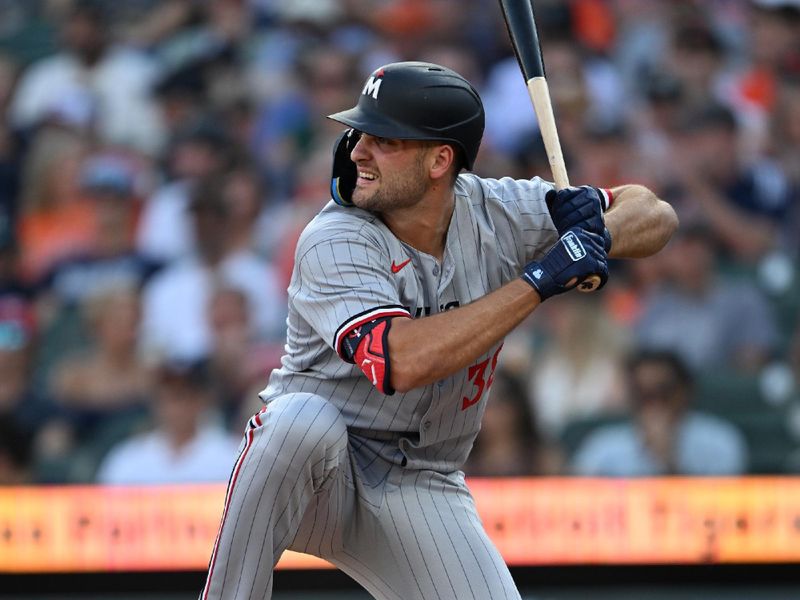 Jun 27, 2025; Detroit, Michigan, USA; Minnesota Twins right fielder Matt Wallner (38) loads up as he waits for a pitch from Detroit Tigers starting pitcher Sawyer Gipson-Long (not pictured) in the second inning at Comerica Park. Mandatory Credit: Lon Horwedel-Imagn Images