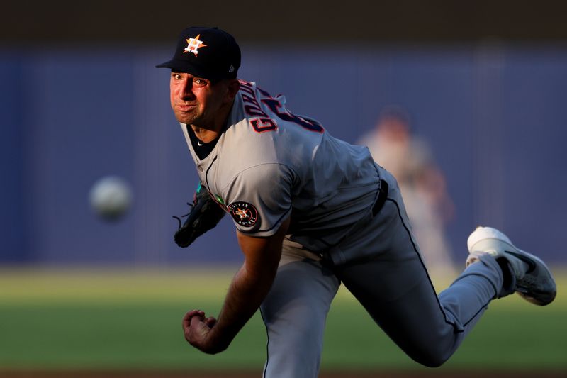 May 19, 2025; Tampa, Florida, USA; Houston Astros starting pitcher Colton Gordon (61) throws a pitch against the Tampa Bay Rays in the second inning at George M. Steinbrenner Field. Mandatory Credit: Nathan Ray Seebeck-Imagn Images