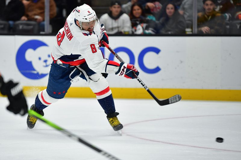 Nov 30, 2023; Anaheim, California, USA; Washington Capitals left wing Alex Ovechkin (8) shoots on goal against the Anaheim Ducks during the third period at Honda Center. Mandatory Credit: Gary A. Vasquez-USA TODAY Sports