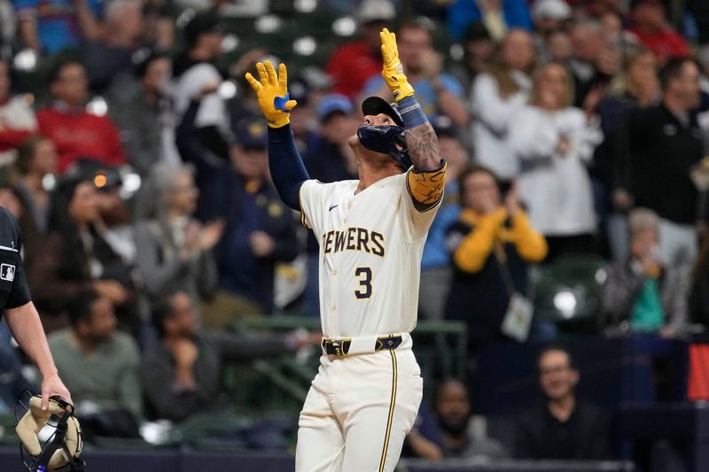 May 9, 2024; Milwaukee, Wisconsin, USA;  Milwaukee Brewers third baseman Joey Ortiz (3) celebrates after hitting a home run during the fourth inning against the St. Louis Cardinals at American Family Field. Mandatory Credit: Jeff Hanisch-USA TODAY Sports