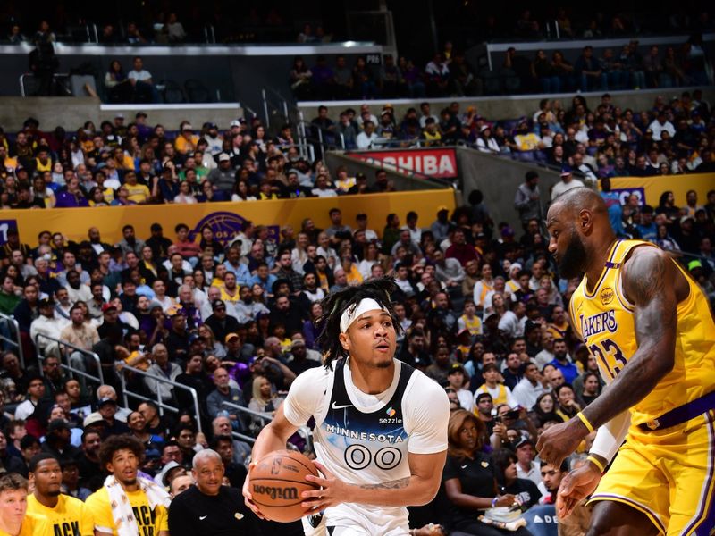 LOS ANGELES, CA - FEBRUARY 27: Terrence Shannon Jr. #00 of the Minnesota Timberwolves drives to the basket during the game against the Los Angeles Lakers on February 27, 2025 at Crypto.Com Arena in Los Angeles, California. NOTE TO USER: User expressly acknowledges and agrees that, by downloading and/or using this Photograph, user is consenting to the terms and conditions of the Getty Images License Agreement. Mandatory Copyright Notice: Copyright 2025 NBAE (Photo by Adam Pantozzi/NBAE via Getty Images)