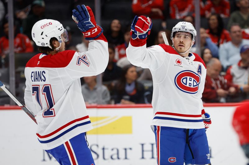 Oct 31, 2024; Washington, District of Columbia, USA; Montreal Canadiens right wing Brendan Gallagher (11) celebrates with teammates after scoring a goal against the Washington Capitals in the second period at Capital One Arena. Mandatory Credit: Geoff Burke-Imagn Images