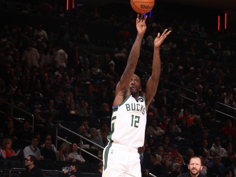 NEW YORK, NY - NOVEMBER 8: Taurean Prince #12 of the Milwaukee Bucks shoots the ball during the game against the New York Knicks on November 8, 2024 at Madison Square Garden in New York City, New York.  NOTE TO USER: User expressly acknowledges and agrees that, by downloading and or using this photograph, User is consenting to the terms and conditions of the Getty Images License Agreement. Mandatory Copyright Notice: Copyright 2024 NBAE  (Photo by Nathaniel S. Butler/NBAE via Getty Images)