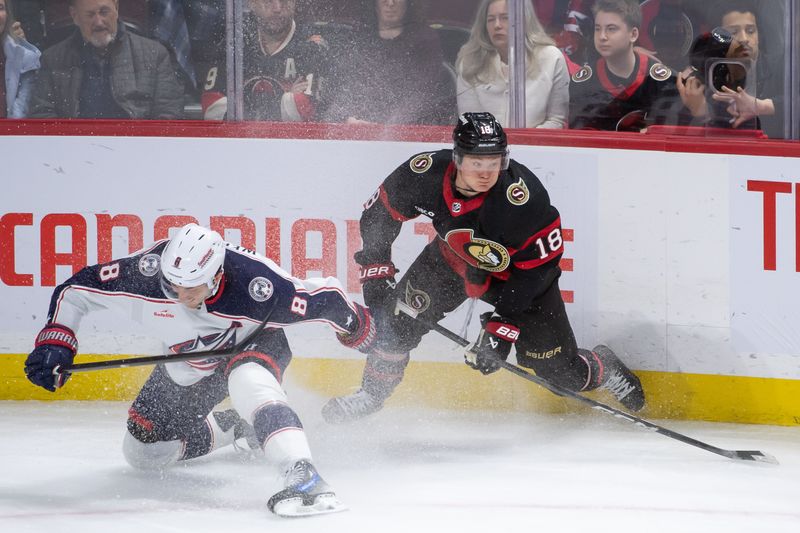 Feb 13, 2024; Ottawa, Ontario, CAN; Columbus Blue Jackets defenseman Zach Werenski (8) and Ottawa Senators center Tim Stutzle (18) battle in the third period at the Canadian Tire Centre. Mandatory Credit: Marc DesRosiers-USA TODAY Sports