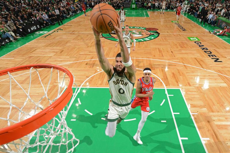 BOSTON, MA - FEBRUARY 27: Jayson Tatum #0 of the Boston Celtics dunks the ball during the game against the Philadelphia 76ers on February 27, 2024 at the TD Garden in Boston, Massachusetts. NOTE TO USER: User expressly acknowledges and agrees that, by downloading and or using this photograph, User is consenting to the terms and conditions of the Getty Images License Agreement. Mandatory Copyright Notice: Copyright 2024 NBAE  (Photo by Brian Babineau/NBAE via Getty Images)