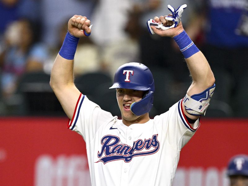 Aug 23, 2025; Arlington, Texas, USA; Texas Rangers third baseman Josh Jung (6) celebrates a home run hit by right fielder Adolis Garcia (not pictured) during the fifth inning against the Cleveland Guardians at Globe Life Field. Mandatory Credit: Jerome Miron-Imagn Images