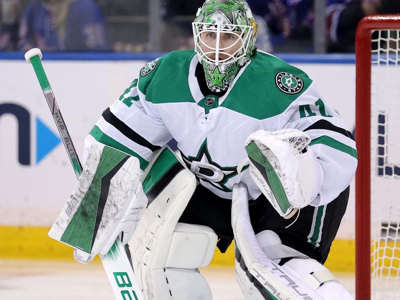 Feb 20, 2024; New York, New York, USA; Dallas Stars goaltender Scott Wedgewood (41) tends net against the New York Rangers during the first period at Madison Square Garden. Mandatory Credit: Brad Penner-USA TODAY Sports