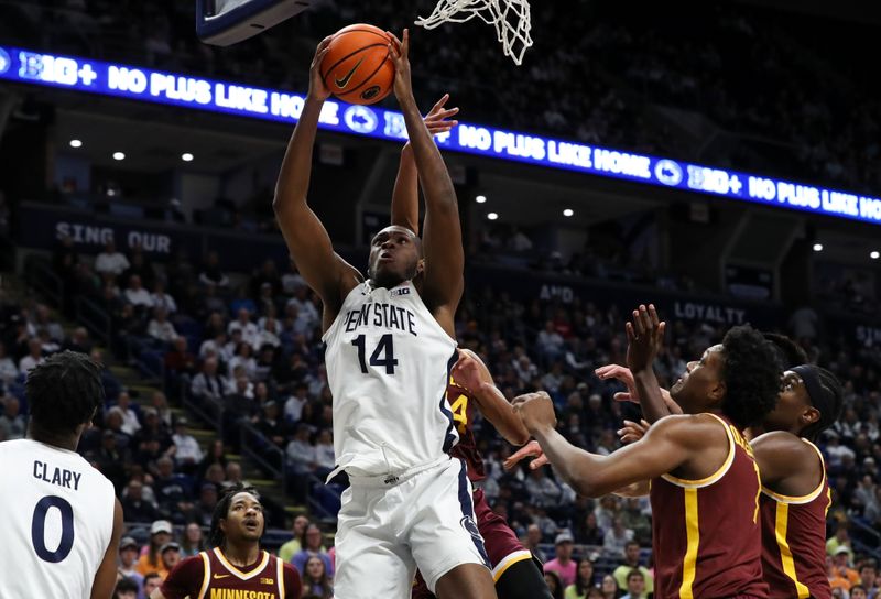Jan 27, 2024; University Park, Pennsylvania, USA; Penn State Nittany Lions forward Demetrius Lilley (14) reaches for the rebound during the first half against the Minnesota Golden Gophers at Bryce Jordan Center. Minnesota defeated Penn State 83-74. Mandatory Credit: Matthew O'Haren-USA TODAY Sports
