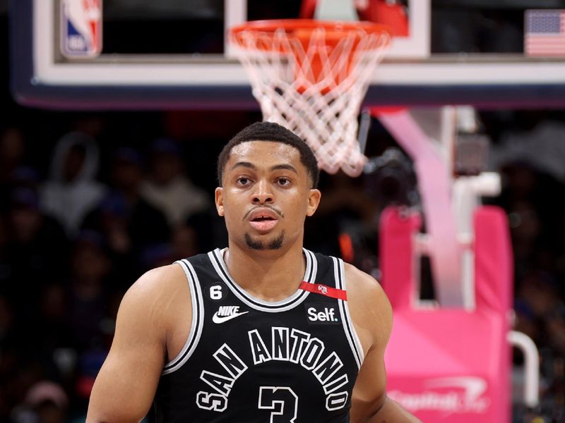 WASHINGTON, DC -? MARCH 24: Keldon Johnson #3 of the San Antonio Spurs handles the ball during the game against the Washington Wizards on March 24, 2023 at Capital One Arena in Washington, DC. NOTE TO USER: User expressly acknowledges and agrees that, by downloading and or using this Photograph, user is consenting to the terms and conditions of the Getty Images License Agreement. Mandatory Copyright Notice: Copyright 2023 NBAE (Photo by Stephen Gosling/NBAE via Getty Images)