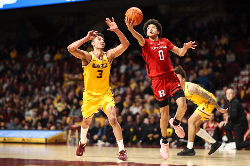 Mar 2, 2023; Minneapolis, Minnesota, USA; Rutgers Scarlet Knights guard Derek Simpson (0) shoots while Minnesota Golden Gophers forward Dawson Garcia (3) defends during the second half at Williams Arena. Mandatory Credit: Matt Krohn-USA TODAY Sports