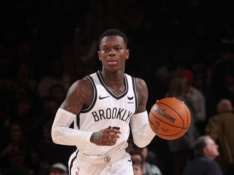 NEW YORK, NY - MARCH 23: Dennis Schroder #17 of the Brooklyn Nets brings the ball up court during the game against the New York Knicks on March 23, 2024 at Madison Square Garden in New York City, New York.  NOTE TO USER: User expressly acknowledges and agrees that, by downloading and or using this photograph, User is consenting to the terms and conditions of the Getty Images License Agreement. Mandatory Copyright Notice: Copyright 2024 NBAE  (Photo by Nathaniel S. Butler/NBAE via Getty Images)