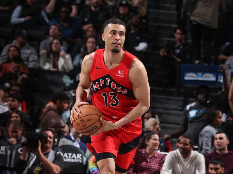 BROOKLYN, NY - APRIL 10: Jordan Nwora #13 of the Toronto Raptors handles the ball during the game  on April 10, 2024 at Barclays Center in Brooklyn, New York. NOTE TO USER: User expressly acknowledges and agrees that, by downloading and or using this Photograph, user is consenting to the terms and conditions of the Getty Images License Agreement. Mandatory Copyright Notice: Copyright 2024 NBAE (Photo by Nathaniel S. Butler/NBAE via Getty Images)