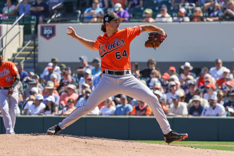 Feb 26, 2023; Lakeland, Florida, USA; Baltimore Orioles starting pitcher Dean Kremer (64) throws a pitch during the first inning against the Detroit Tigers at Publix Field at Joker Marchant Stadium. Mandatory Credit: Mike Watters-USA TODAY Sports