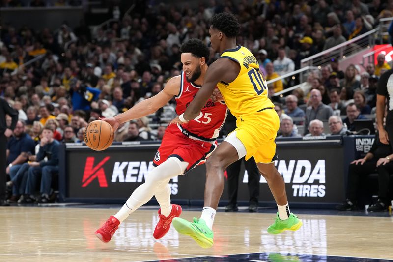 INDIANAPOLIS, INDIANA - FEBRUARY 23: Ben Simmons #25 of the Los Angeles Clippers dribbles the ball while being guarded by Bennedict Mathurin #00 of the Indiana Pacers in the third quarter at Gainbridge Fieldhouse on February 23, 2025 in Indianapolis, Indiana. NOTE TO USER: User expressly acknowledges and agrees that, by downloading and or using this photograph, User is consenting to the terms and conditions of the Getty Images License Agreement. (Photo by Dylan Buell/Getty Images)