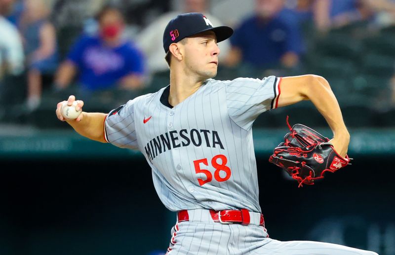 Aug 17, 2024; Arlington, Texas, USA;  Minnesota Twins starting pitcher David Festa (58) throws during the first inning against the Texas Rangers at Globe Life Field. Mandatory Credit: Kevin Jairaj-USA TODAY Sports