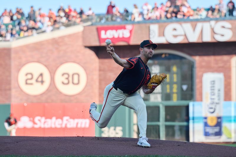 Aug 31, 2024; San Francisco, California, USA; San Francisco Giants starting pitcher Mason Black (47) throws a pitch against the Miami Marlins during the first inning at Oracle Park. Mandatory Credit: Robert Edwards-USA TODAY Sports