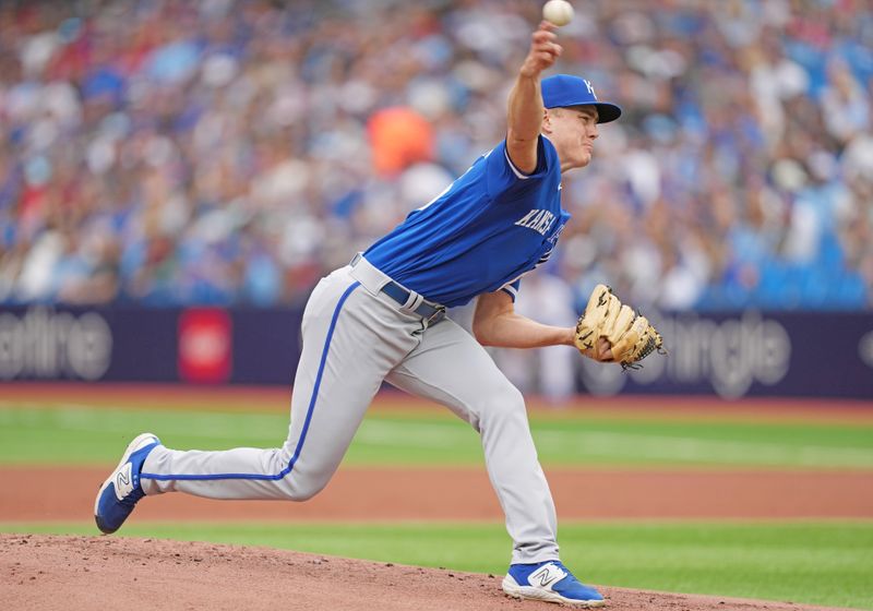 Sep 9, 2023; Toronto, Ontario, CAN; Kansas City Royals starting pitcher James McArthur (66) pitches against the Toronto Blue Jays during the first inning at Rogers Centre. Mandatory Credit: Nick Turchiaro-USA TODAY Sports