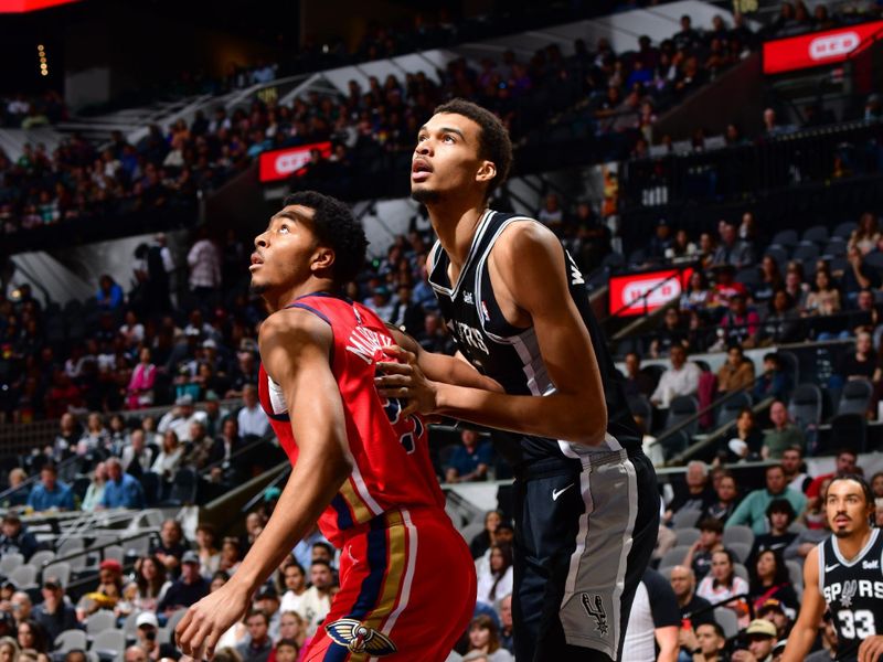 SAN ANTONIO, TX - FEBRUARY 2: Victor Wembanyama #1 of the San Antonio Spurs and Trey Murphy III #25 of the New Orleans Pelicans wait for the rebound during the game on February 2, 2024 at the Frost Bank Center in San Antonio, Texas. NOTE TO USER: User expressly acknowledges and agrees that, by downloading and or using this photograph, user is consenting to the terms and conditions of the Getty Images License Agreement. Mandatory Copyright Notice: Copyright 2024 NBAE (Photos by Barry Gossage/NBAE via Getty Images)