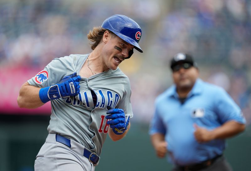 Jul 28, 2024; Kansas City, Missouri, USA; Chicago Cubs first baseman Patrick Wisdom (16) celebrates after hitting a home run during the ninth inning against the Kansas City Royals at Kauffman Stadium. Mandatory Credit: Jay Biggerstaff-USA TODAY Sports