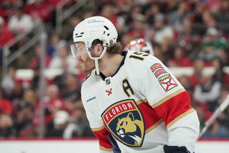May 22, 2025; Raleigh, North Carolina, USA;  Florida Panthers forward Matthew Tkachuk (19) looks on during the second period against the Carolina Hurricanes in game two of the Eastern Conference Final of the 2025 Stanley Cup Playoffs at Lenovo Center. Mandatory Credit: James Guillory-Imagn Images