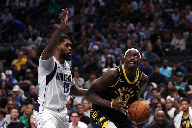 DALLAS, TEXAS - NOVEMBER 04: Pascal Siakam #43 of the Indiana Pacers is defended by Naji Marshall #13 of the Dallas Mavericks during the second half at American Airlines Center on November 04, 2024 in Dallas, Texas. NOTE TO USER: User expressly acknowledges and agrees that, by downloading and or using this photograph, User is consenting to the terms and conditions of the Getty Images License Agreement. (Photo by Sam Hodde/Getty Images)