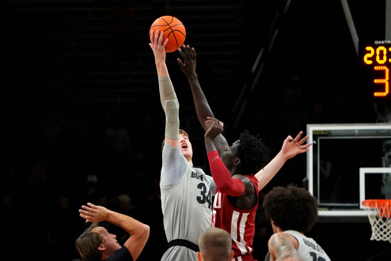 Jan 22, 2023; Boulder, Colorado, USA; Washington State Cougars forward Mouhamed Gueye (35) and Colorado Buffaloes center Lawson Lovering (34) reach for the tip off in the first half at the CU Events Center. Mandatory Credit: Ron Chenoy-USA TODAY Sports