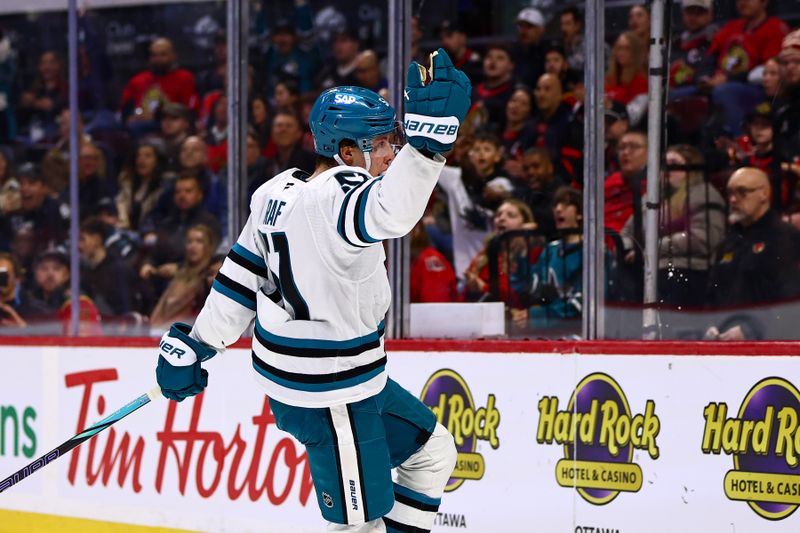 Mar 15, 2026; Ottawa, Ontario, CAN; San Jose Sharks right wing Collin Graf (51) celebrates after scoring during the second period at Canadian Tire Centre. Mandatory Credit: Keito Newman-Imagn Images